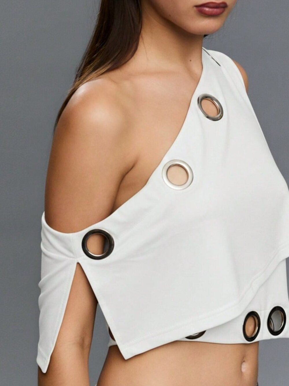 White Casual Women's One-Shoulder Asymmetrical Metal Eyelet Top - Picture 8 of 11